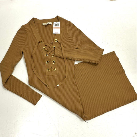 Michael Kors Women's Dark Camel Ribbed Knit Lace Up Long Sleeve Dress Sz S NWT