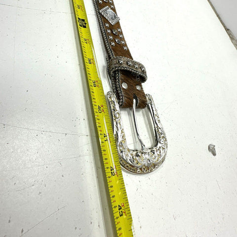 Nocona Women's Brown Hair-on-Hide Western Belt Silver Studs Crystals Size M