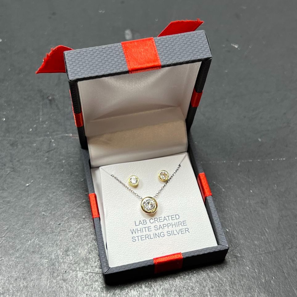 Sterling Silver Lab Created Sapphire Earrings and Necklace Set NIB