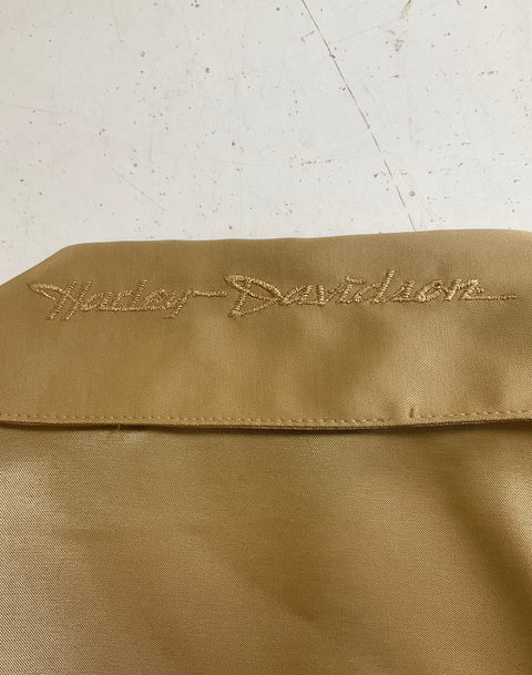 Harley-Davidson Gold Y2K Embroidered Satin Hook Eye Blouse Shirt Women's L