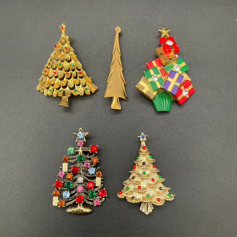 Vintage Christmas Tree Brooch Lot 5 Gold Tone Rhinestone Enamel Holiday Pins