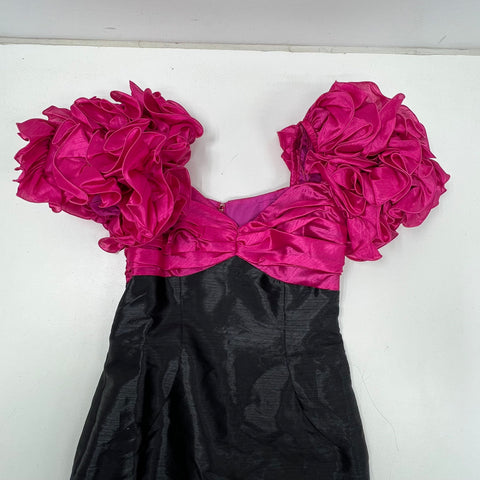 Vintage 80s Cattiva Ruffle Poof Sleeve Prom Party Dress Taffeta Pink Black Sz 10