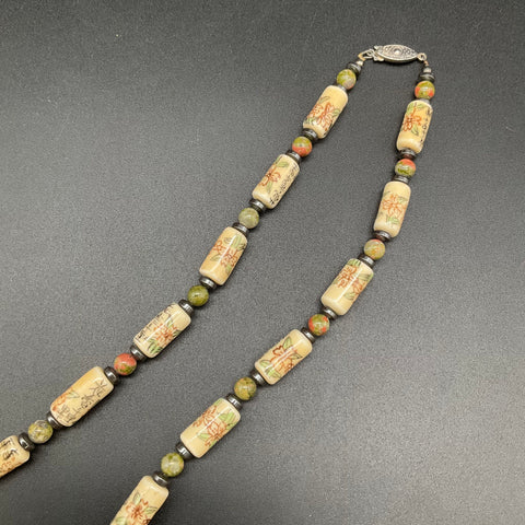 Vintage Chinese Export Style Hand Painted Porcelain & Unakite Necklace Set