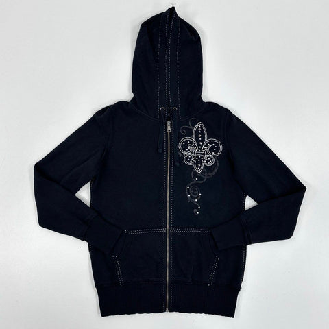 Vanity Women's Black Fleur De Lis Studded Full Zip Hoodie Sz L