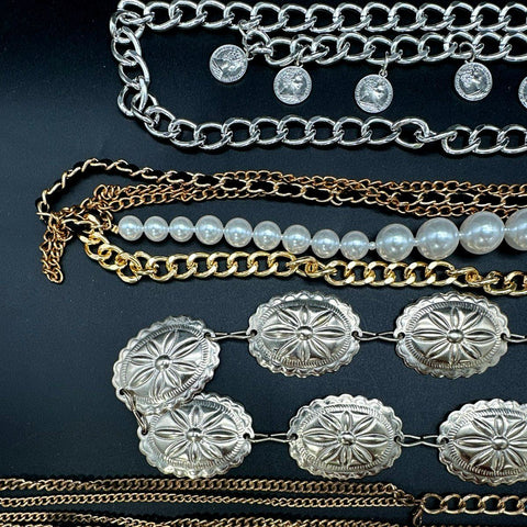 Vintage Style Fashion Chain Belts Lot 6pc Gold Silver Tone Concho Pearl Coin