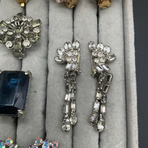 Vintage Clip-On Earrings Lot 8 Pairs B. David Signed Rhinestone AB Mid-Century