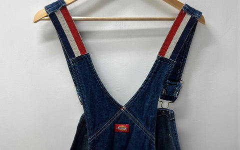 Vintage 90s Dickies Men's Blue Denim Bib Overalls Striped Straps Sz 36x34