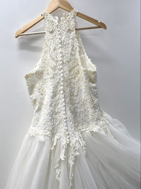 Vintage Y2K Women's White High Neck Halter Lace Beaded Wedding Dress Gown Sz 16