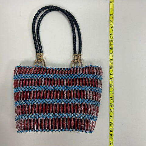Red Blue White Geometric Beaded Tote Bag Black Braided Handles