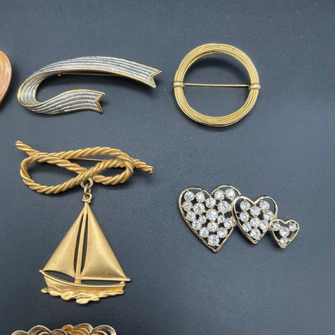 Vintage Monet Gold Tone Nautical Heart Rhinestone Jewelry Brooch Pin Lot of 8