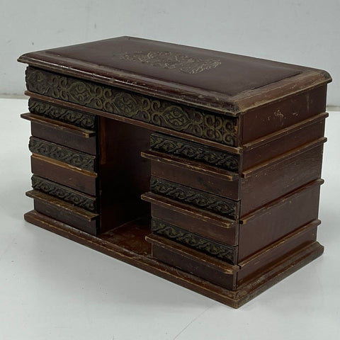 Vintage Wood Desk Jewelry Box Arc de Triomphe Style Greco-Roman Tooled Leather