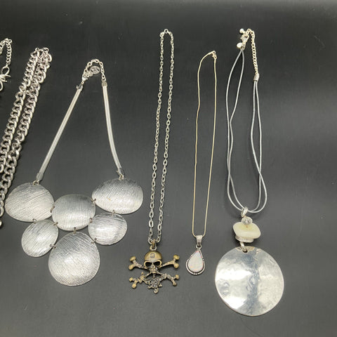 Silver Tone Gothic Jewelry Lot 8 Necklaces Skull Crossbones Barbed Wire Tassel