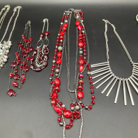 Costume Jewelry Necklace Lot of 6 Beaded Layered Fringe Red Silver Tone
