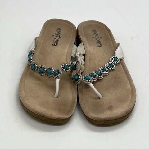 Minnetonka White Leather Turquoise Flower Beaded Thong Wedge Sandals Size 7