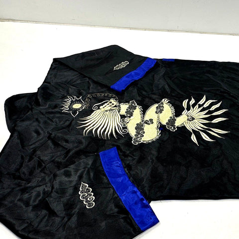 Vintage 80s Unisex Embroidered Dragon Robe Kimono Black Blue Silk Souvenir