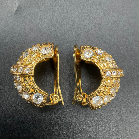 Vintage Les Bernard Gold Tone Clear Rhinestone Pave Dome Clip On Earrings