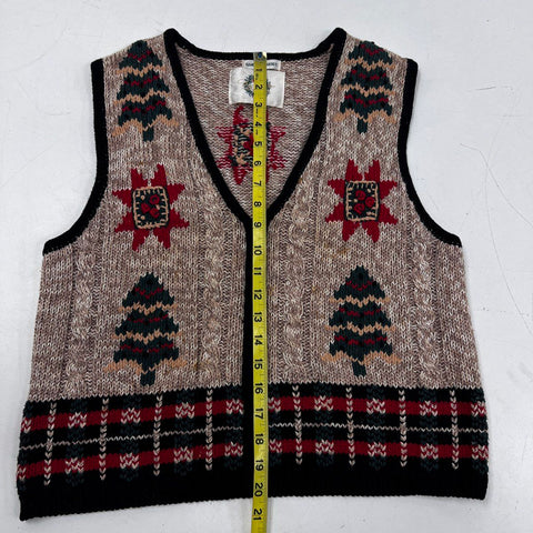 Christopher & Banks Women's Christmas Sweater Vest Tan Hand Embroidered Zip Up