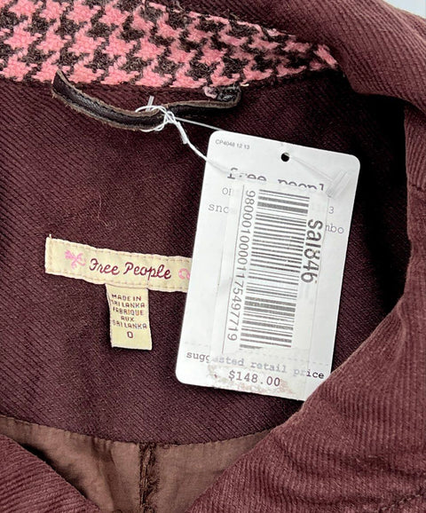 Free People Women's Brown Cotton Button Up Cropped Jacket Leather-Look NWT Sz 0