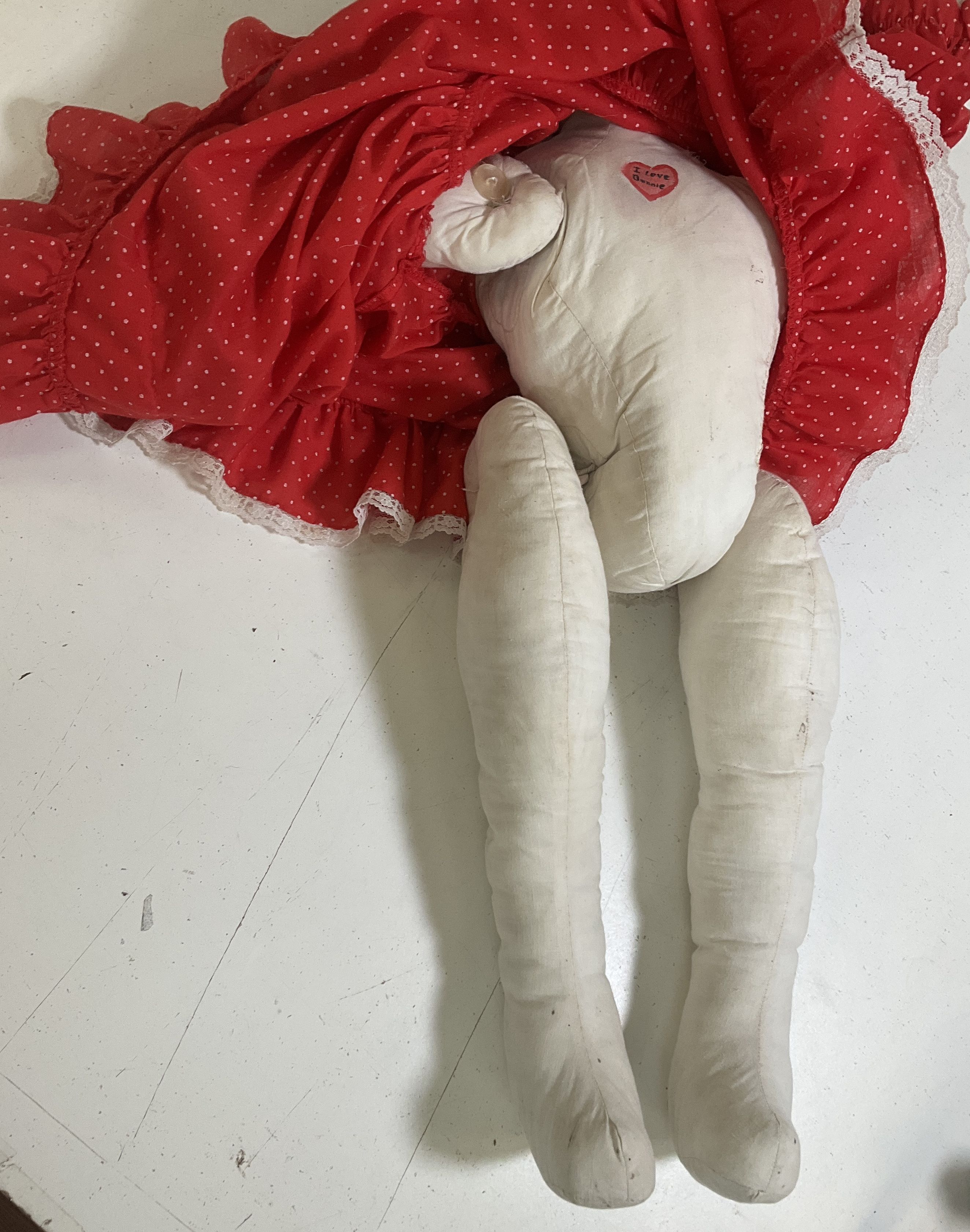 Vintage Handmade Folk Art Rag Doll "Bonnie" Painted Face Yarn Hair Red Dress