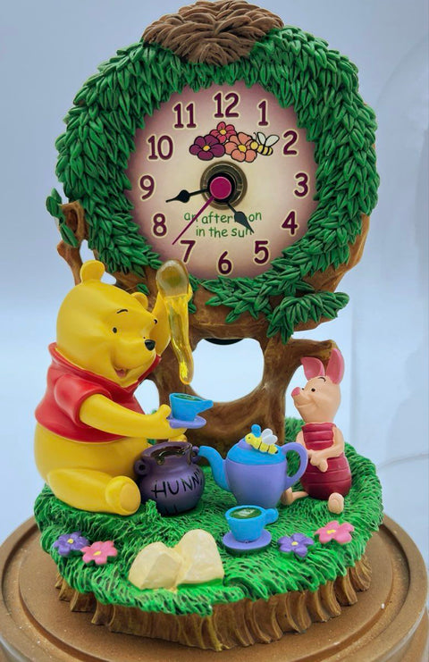 Disney Winnie the Pooh Piglet Tea Party Clock Figurine Glass Dome 9 Inch