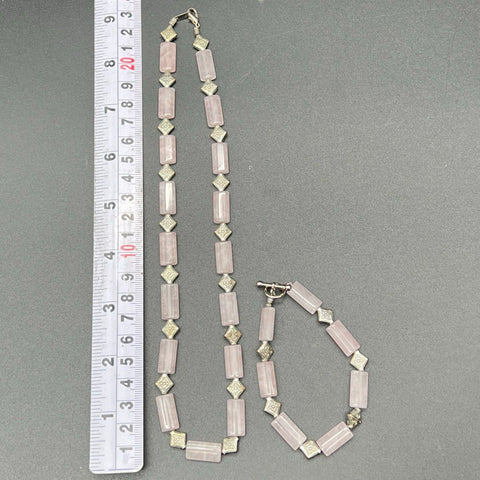 Rose Quartz Beaded Jewelry Set Necklace Bracelet & Earrings Silver-Tone Accents