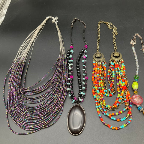Boho Retro Beaded Statement Jewelry Lot of 7 Necklaces Multi-Strand Bib