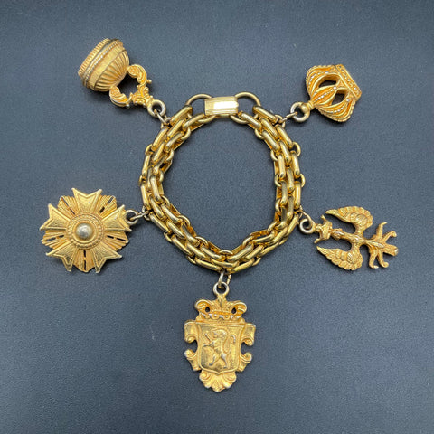 Vintage Heraldic Gold Tone Chunky Charm Bracelet Crown Lion Eagle 8"