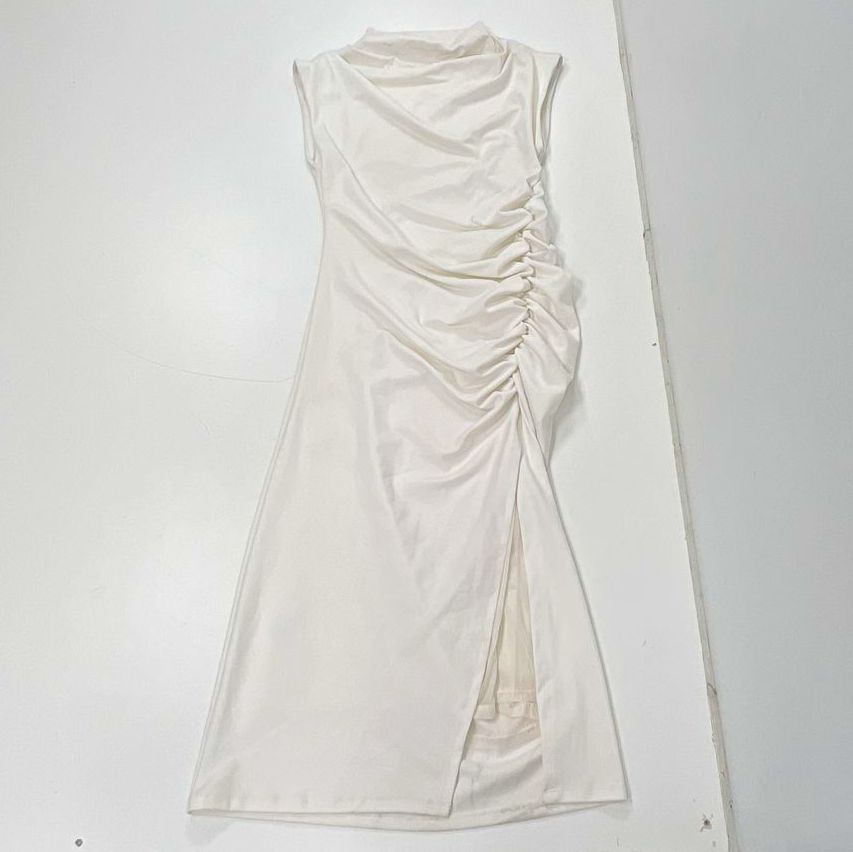 Anthropologie White Ruched Sleeveless Sheath Maxi Dress Women's Size L