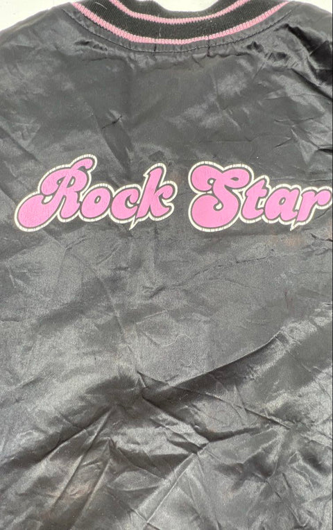 American Girl Girls Rock Star Graphic Bomber Jacket Black Pink Satin Sz XL