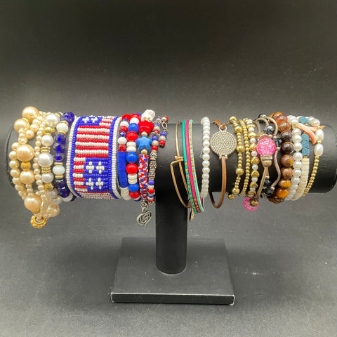 Vintage & Modern Bracelet Lot of 30 Faux Pearl Bangle Beaded USA Patriotic Skull