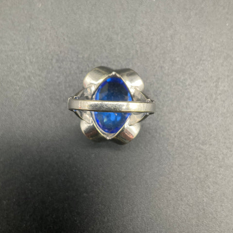 10K HGE Silver Tone Blue Glass Statement Cocktail Ring Size 7
