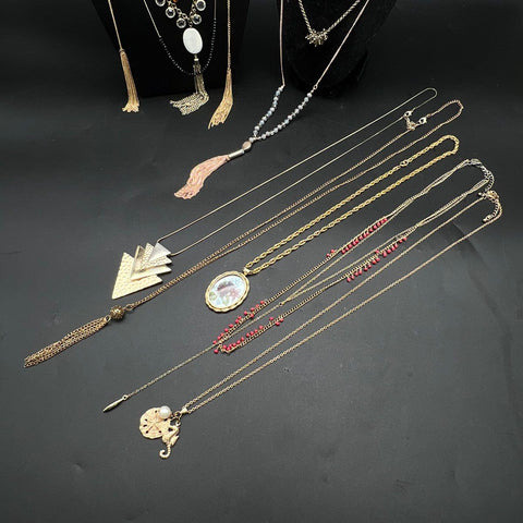 Mixed Costume Jewelry Lot 10 Necklaces Gold Tone Pendants Tassels Charms