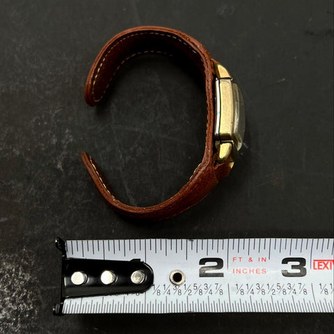 Vintage Elgin Square Case Watch Gold Tone Sub-dial Brown Leather Cuff Band