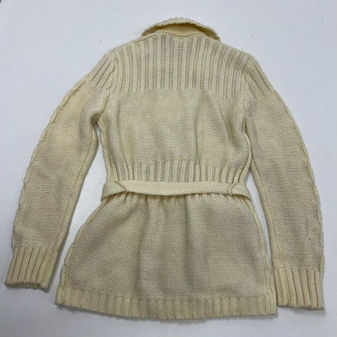 Vintage 70s Kmart Cream Cable Knit Belted Collared Cardigan Sweater Women's M