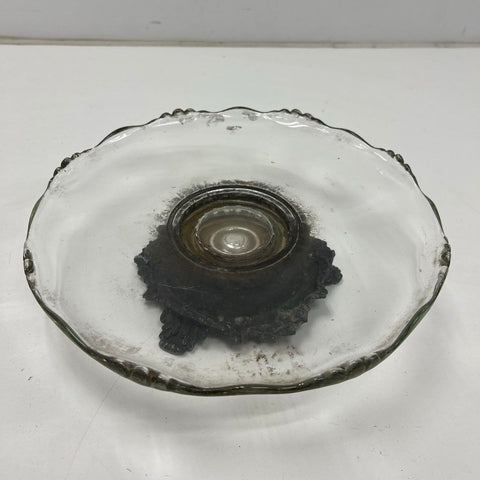 Vintage Glass Pedestal Serving Dish Lazy Susan Ornate Metal Base Cracked AS IS