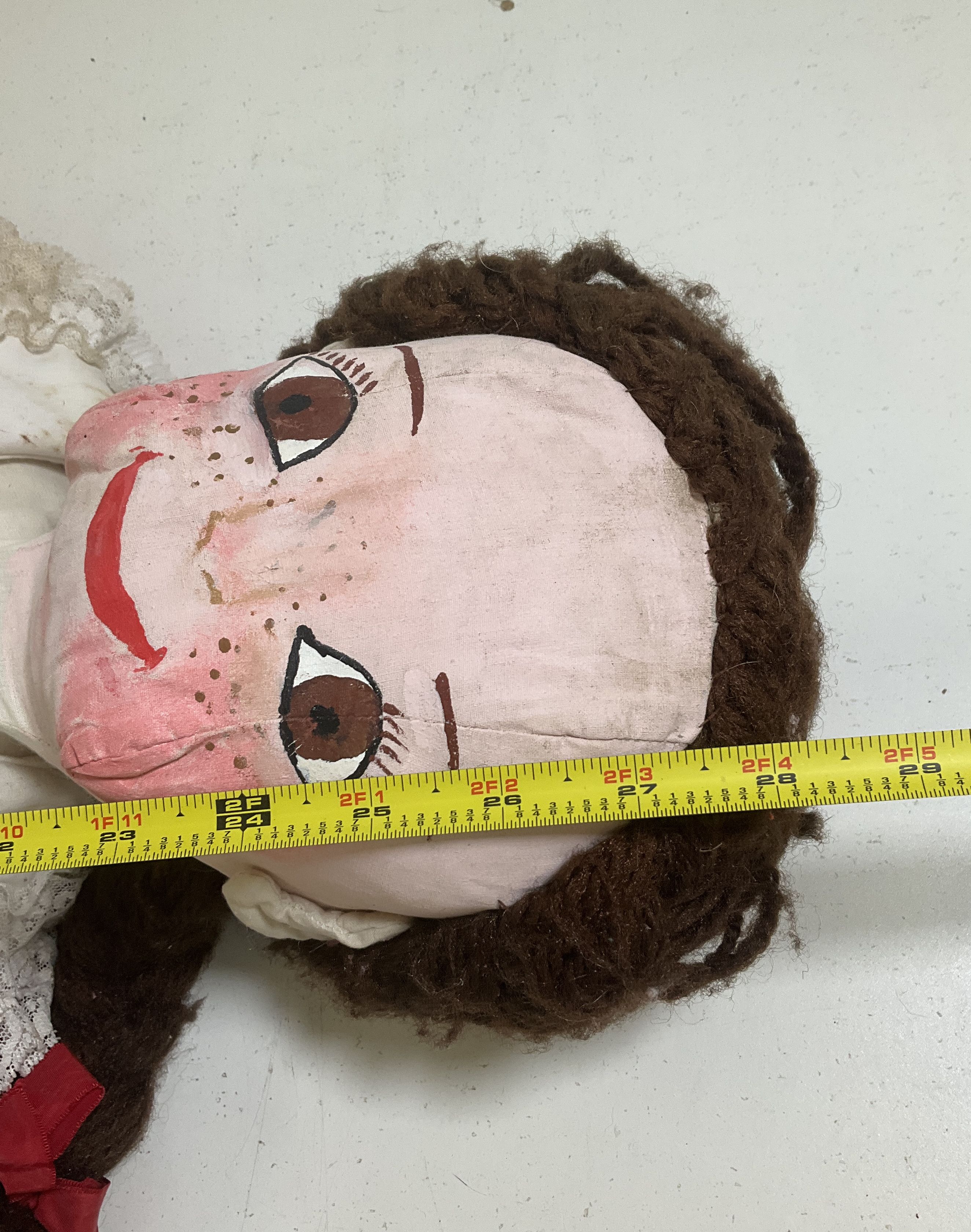 Vintage Handmade Folk Art Rag Doll "Bonnie" Painted Face Yarn Hair Red Dress