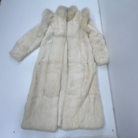 Vintage 70s 80s Rabbit Fur Coat Fox Fur Trim Full Length Winter Jacket