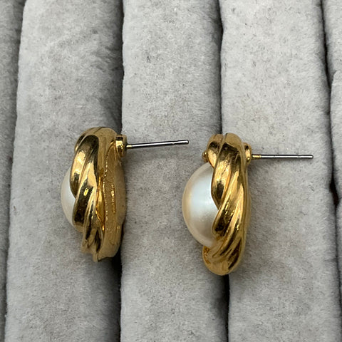 Vintage K.J.L. for Avon Gold Tone Faux Pearl Oval Stud Earrings Pierced