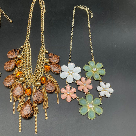 Statement Bib Necklace Lot of 6 Floral Rhinestone Leopard Print Gold Silver