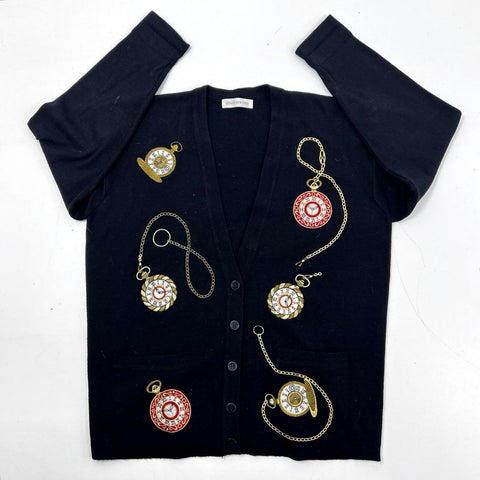 Vintage 90s Jones New York Women's Black Pocket Watch Embroidered Cardigan
