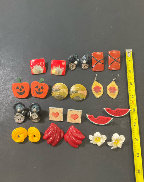 Lot of Vintage Fashion Earrings Figural Novelty Pierced 12 Pair Plastic Enameled