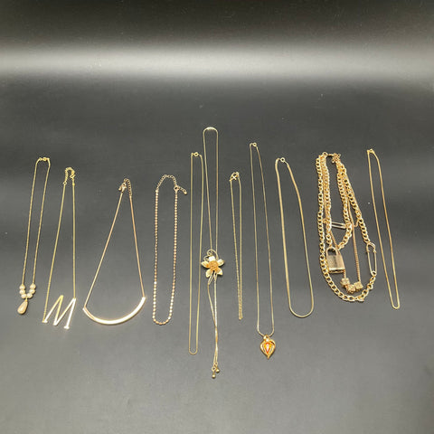 Gold Tone Fashion Necklace Jewelry Lot 11pc Initial M Flower Heart Padlock