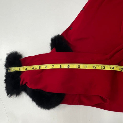Due per Due Women's Red 100% Silk Cardigan Black Fur Trim Vintage Sz L