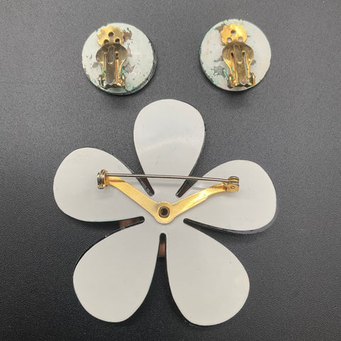 Vintage 1960s Mod Enamel Flower Brooch Clip Earrings Set Black White
