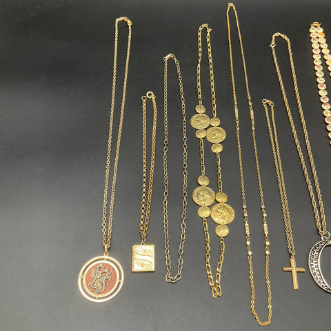 Vintage Costume Jewelry Lot of 10 Necklaces Retro Owl Cross Coin 1776 Shield