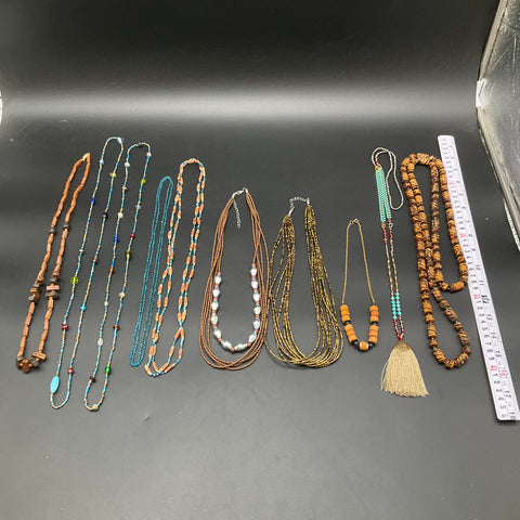 Boho Beaded Multi-Strand Tassel Necklace Jewelry Lot of 10 Wood Glass Earthy