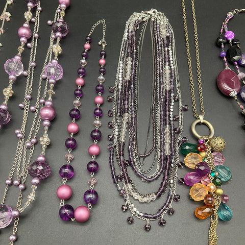 Statement Necklace Jewelry Lot of 7 Purple Pink Multicolor Beaded Multi-strand