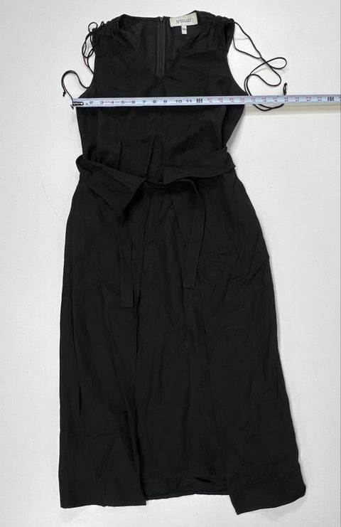 Derek Lam 10 Crosby Women's Black V-Neck Ruched Shoulder Belted Midi Dress Sz 4