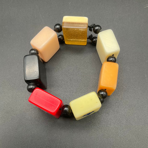 Vintage Retro Chunky Multicolored Plastic Lucite Mahjong Tile Beaded Bracelet 7"