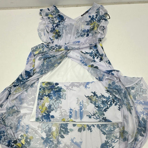 Picadilly Women's Blue Floral Ruffle High-Low V-Neck Dress Denim Multi NWT Sz S